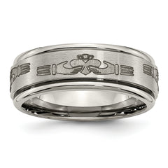 Chisel Titanium Brushed and Polished Claddagh Laser Design 8mm Ridged Edge Band