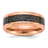 Chisel Titanium Polished Rose IP-plated Synthetic Leather Inlay in Clear Epoxy 8mm Band