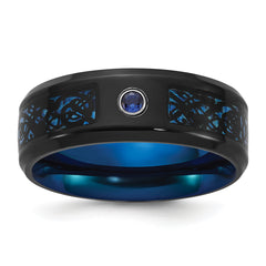 Chisel Titanium Polished Black and Blue IP-plated with Blue CZ Carbon Fiber Inlay in Clear Epoxy 8mm Band