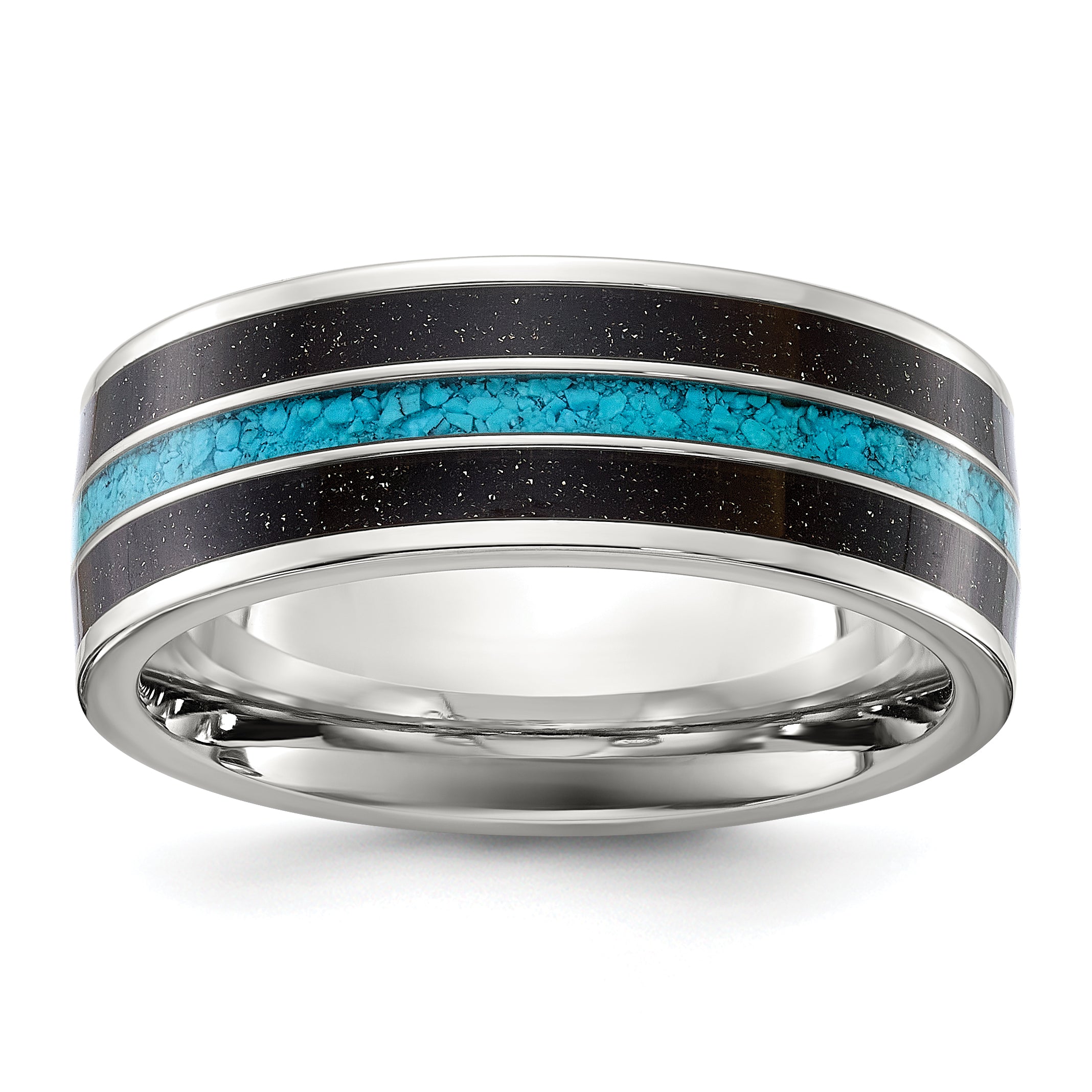 Chisel Titanium Polished with Turquoise and Black Star Sandstone Inlay 8mm Band