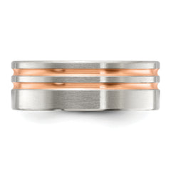 Chisel Titanium Brushed and Polished Rose IP-plated Stripes 8mm Band
