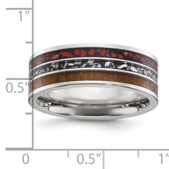Chisel Titanium Polished with Wood, Imitation Meteorite and Red Stone Inlay 8mm Band