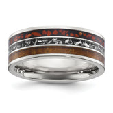 Chisel Titanium Polished with Wood, Imitation Meteorite and Red Stone Inlay 8mm Band