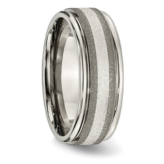 Chisel Titanium Polished with Sterling Silver Inlay Stone Finish Center Grooved Band
