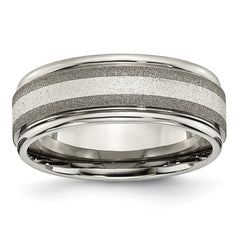 Chisel Titanium Polished with Sterling Silver Inlay Stone Finish Center Grooved Band