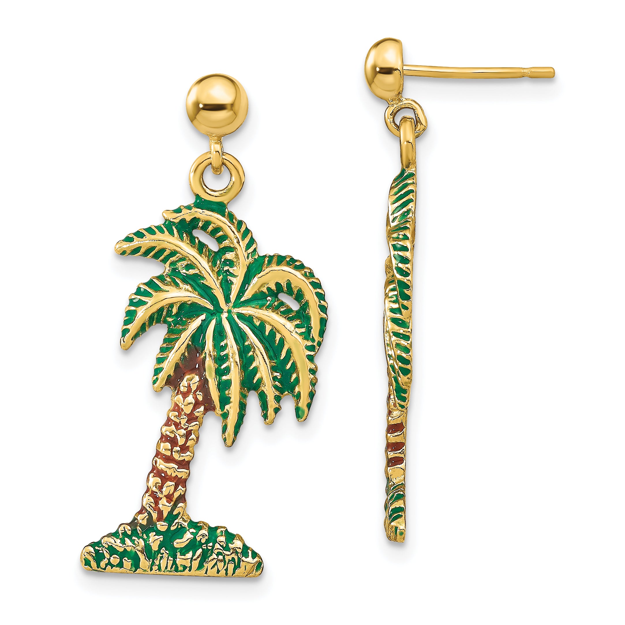 14K w/ Enamel Palm Tree Dangle Earrings