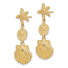 14K Starfish, Sand Dollar ,Scallop Shell Dangle Earrings
