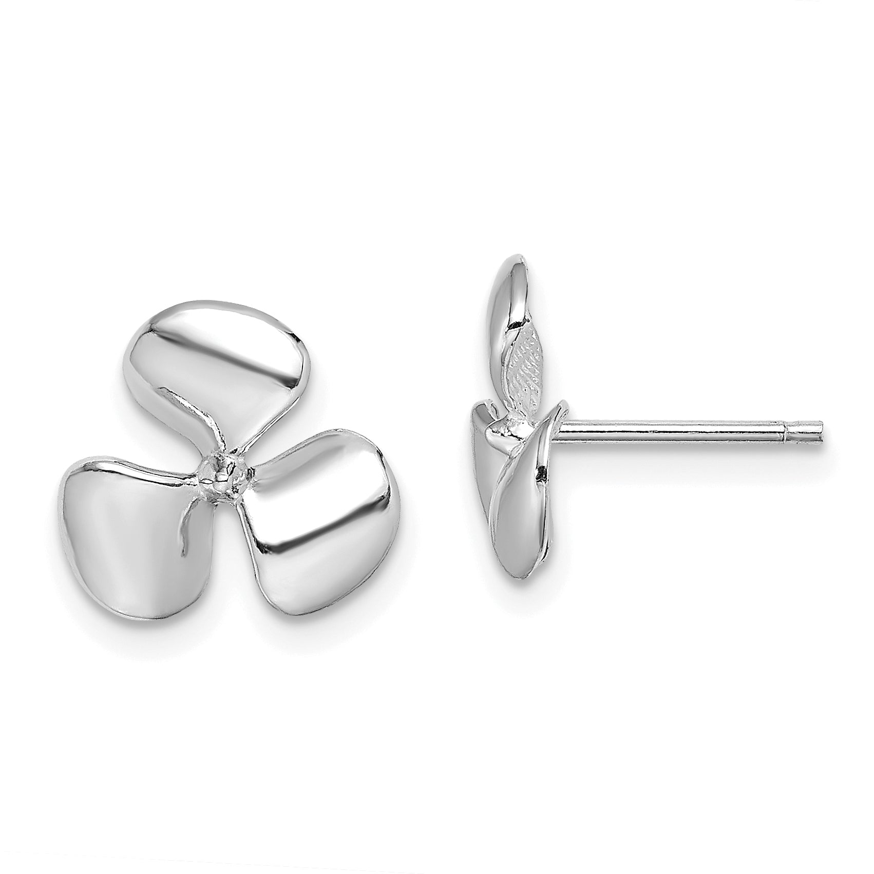14K White Gold Polished Three Blade Propeller w/ Center Bead Post Earrings