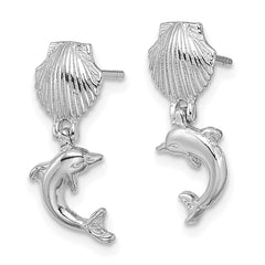 14K White Gold Dolphin Dangle From Mini Scallop Earrings