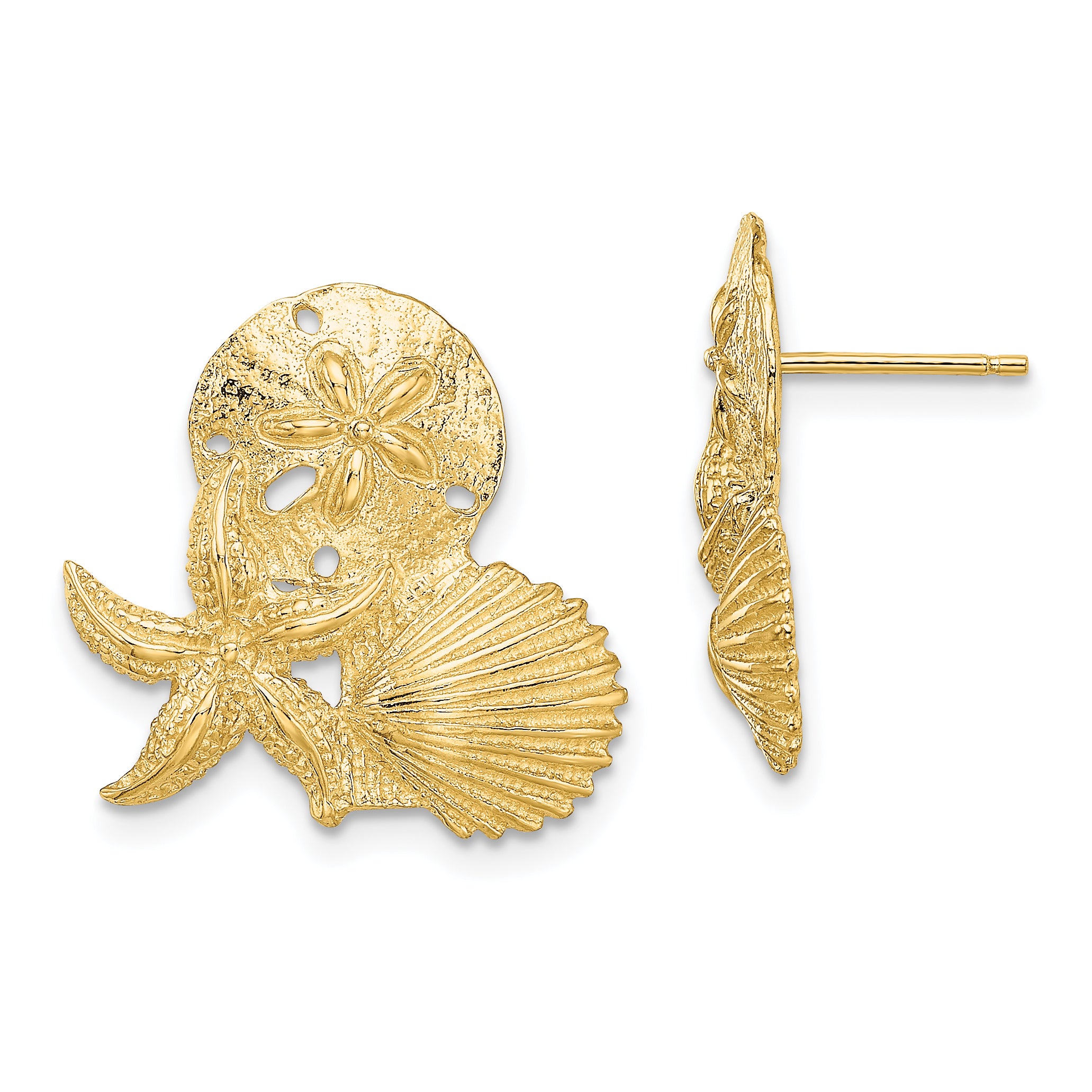 14K Sand Dollar, Starfish, ,Scallop Cluster Post Earrings