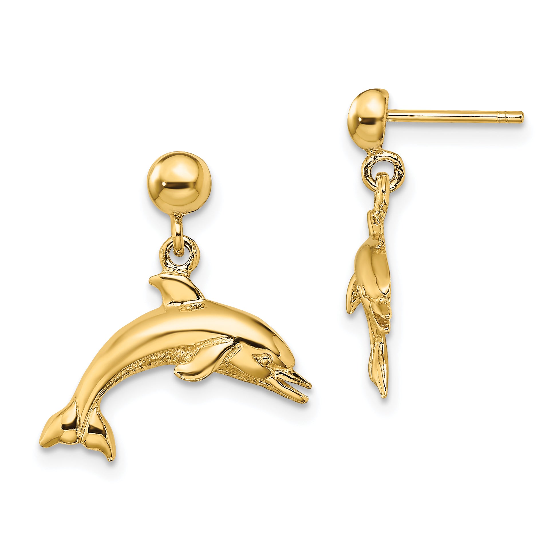 14K Jumping Dolphin Dangle Earrings
