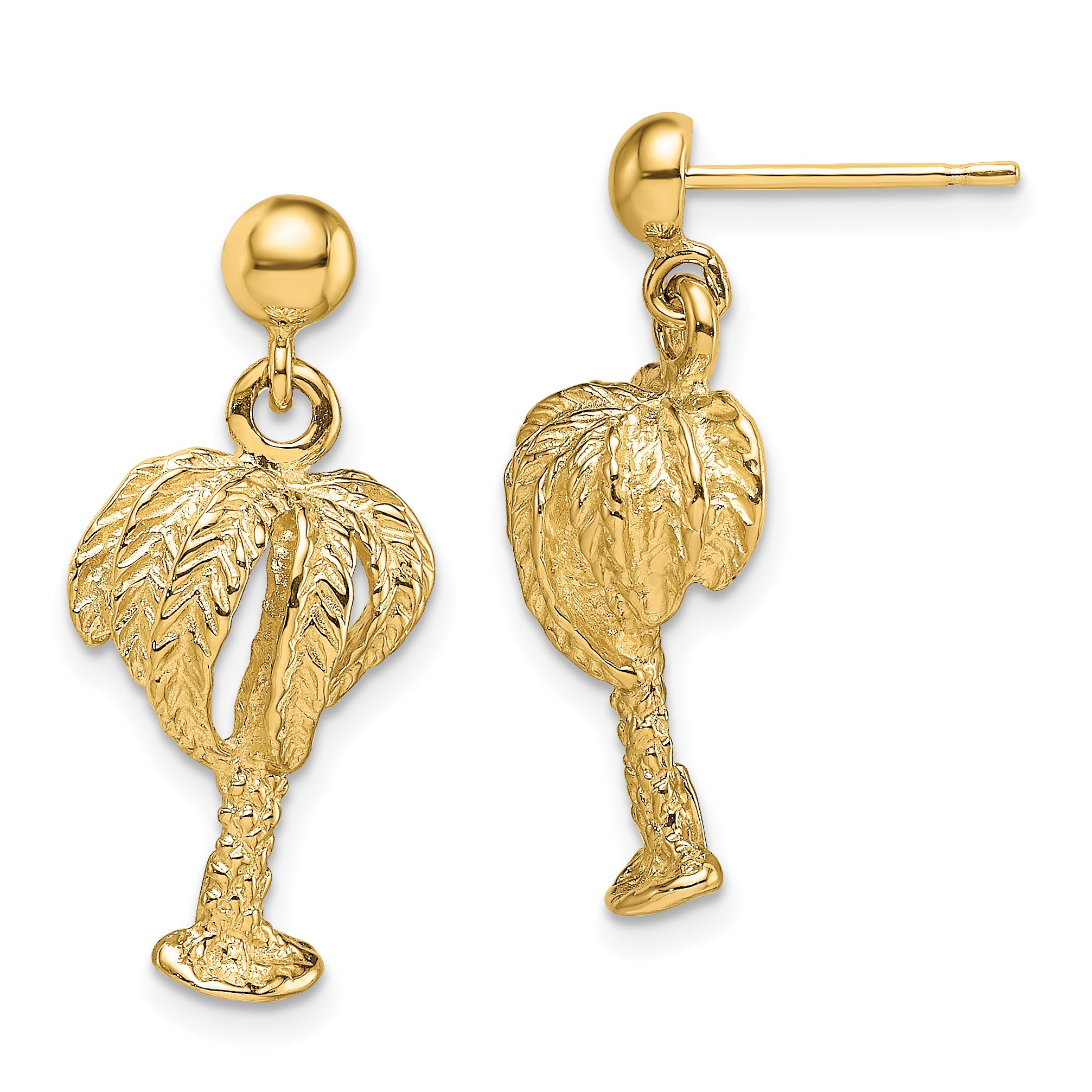 14K Palm Tree W/Full Leaves Dangle Earrings