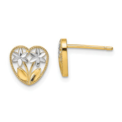 14k w/ Rhodium D/C Flower and Heart Post Earrings