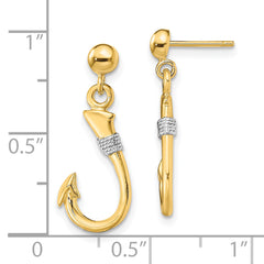 14K w/Rhodium 3-D Fish Hook W/ Rope Dangle Earrings