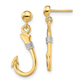 14K w/Rhodium 3-D Fish Hook W/ Rope Dangle Earrings