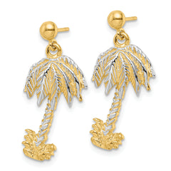 14k Textured w/Rhodium Palm Tree Post Dangle Earrings