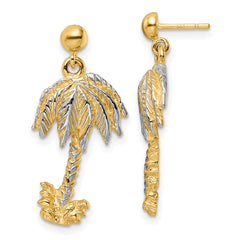 14k Textured w/Rhodium Palm Tree Post Dangle Earrings