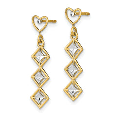 14k w/RH D/C Heart and Diamond Shape Post Dangle Earrings