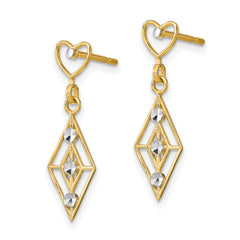 14k w/RH Dia.-cut Diamond Shape Heart Dangle Earrings