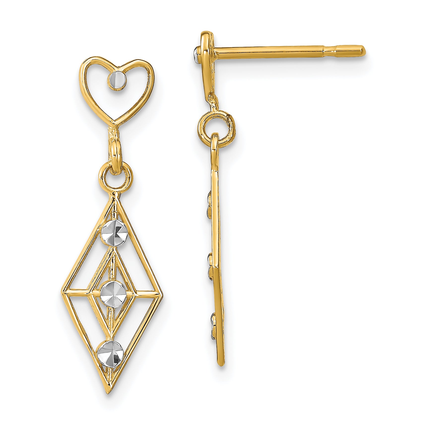 14k w/RH Dia.-cut Diamond Shape Heart Dangle Earrings