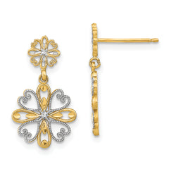 14K w/Rhodium Beaded Heart Petal Floral Dangle Earrings