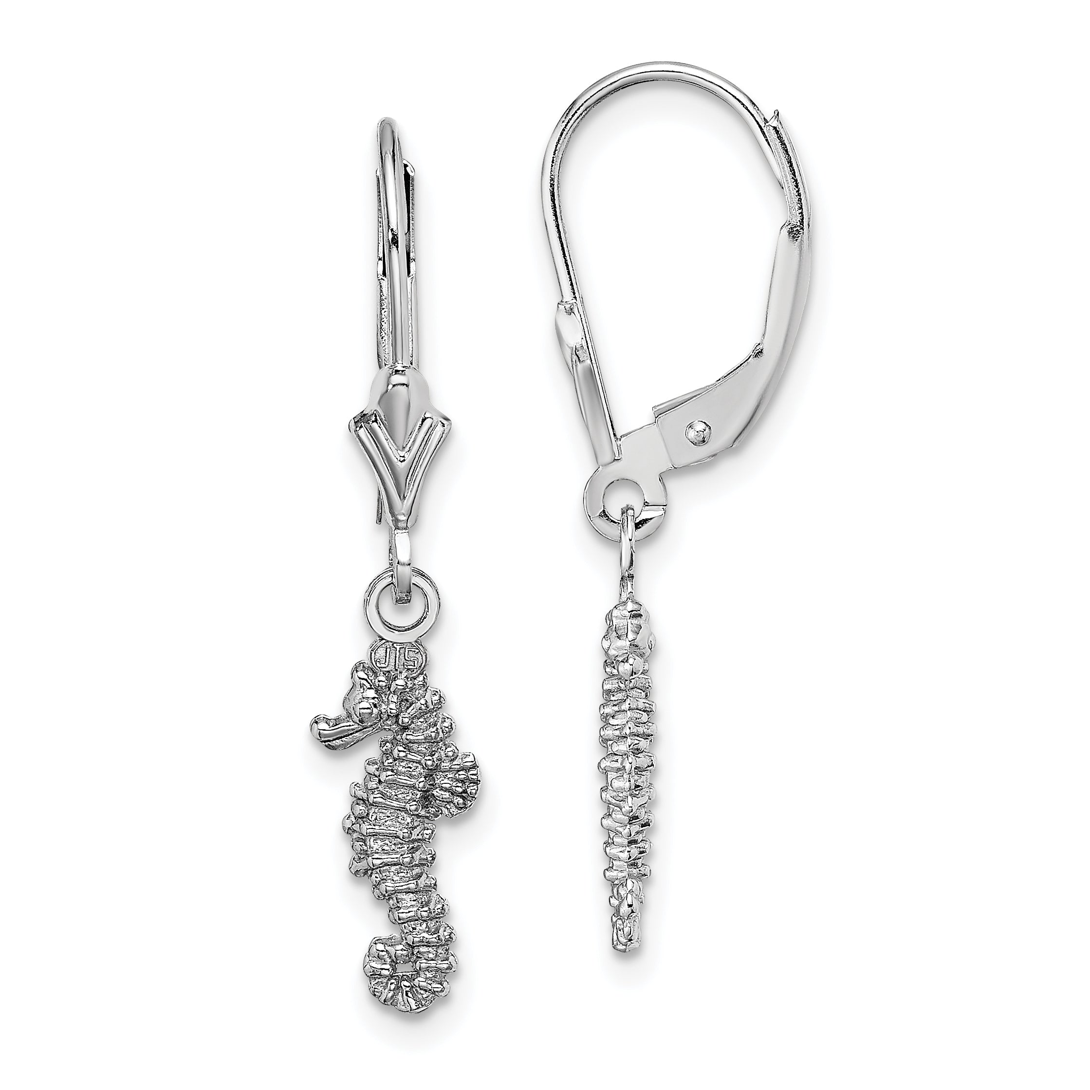 14K White Gold 3-D Seahorse Leverback Earrings