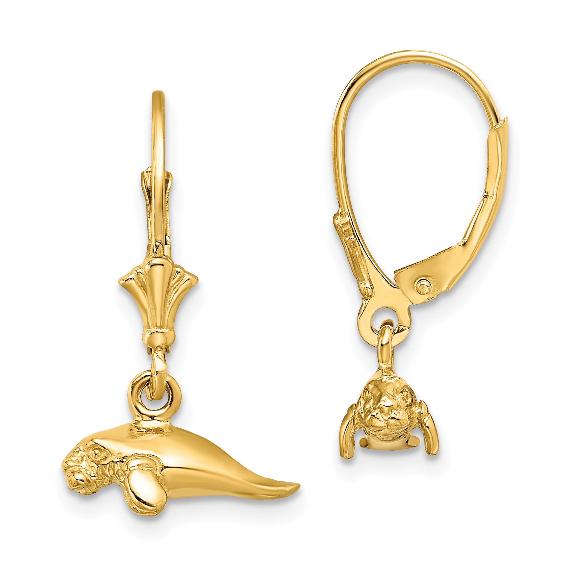 14K 3-D Polished Mini Manatee Leverback Earrings