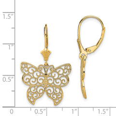 14K Butterfly w/ Beaded Filigree Wings Leverback Earrings