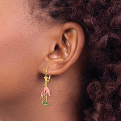14K W/ Enamel 3-D Flamingo Leverback Earrings