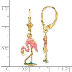 14K W/ Enamel 3-D Flamingo Leverback Earrings