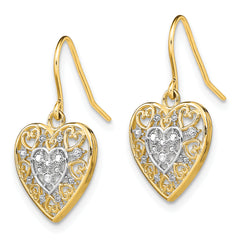 14K w/Rhodium Polished Filigree Hearts Shepherd Hook Earrings