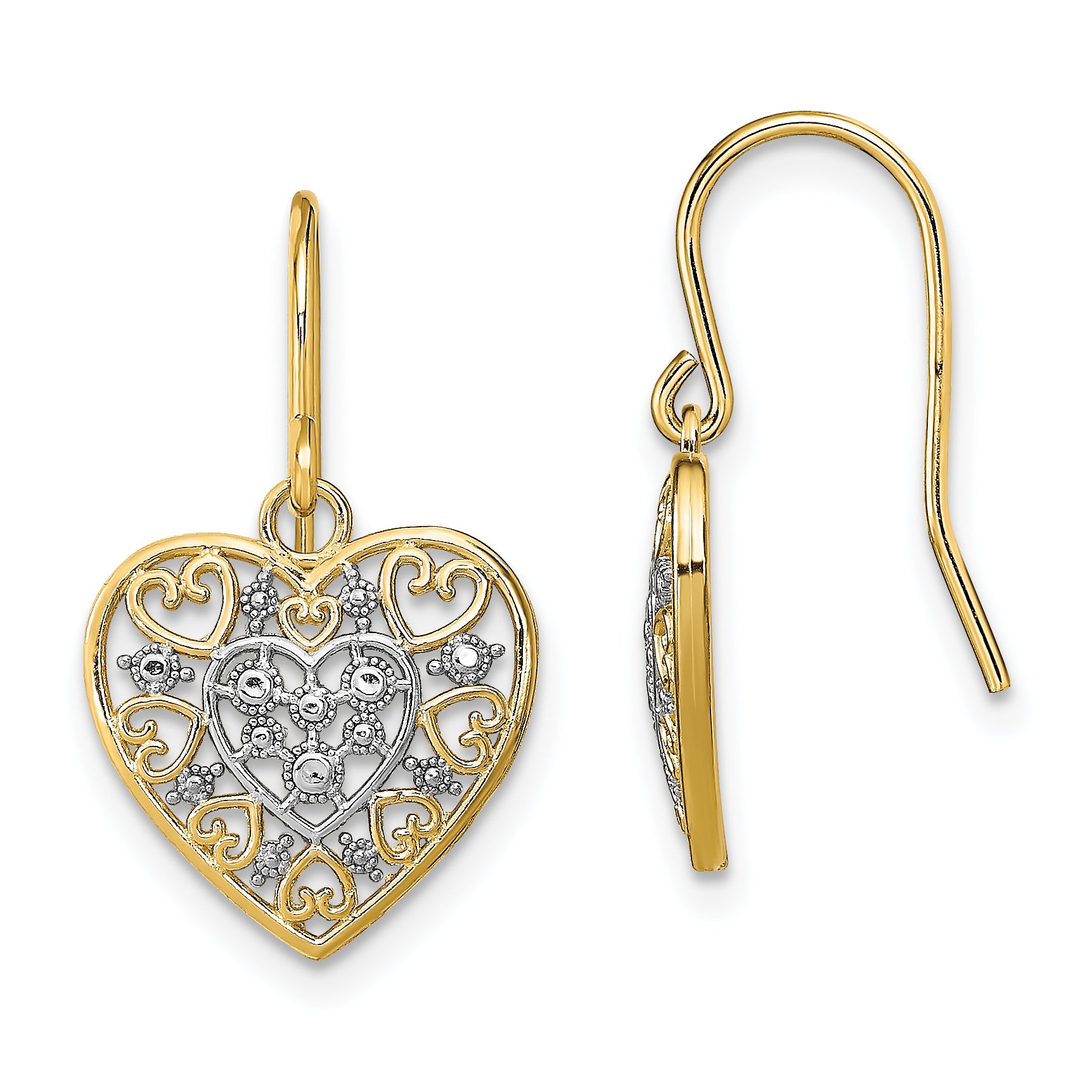 14K w/Rhodium Polished Filigree Hearts Shepherd Hook Earrings