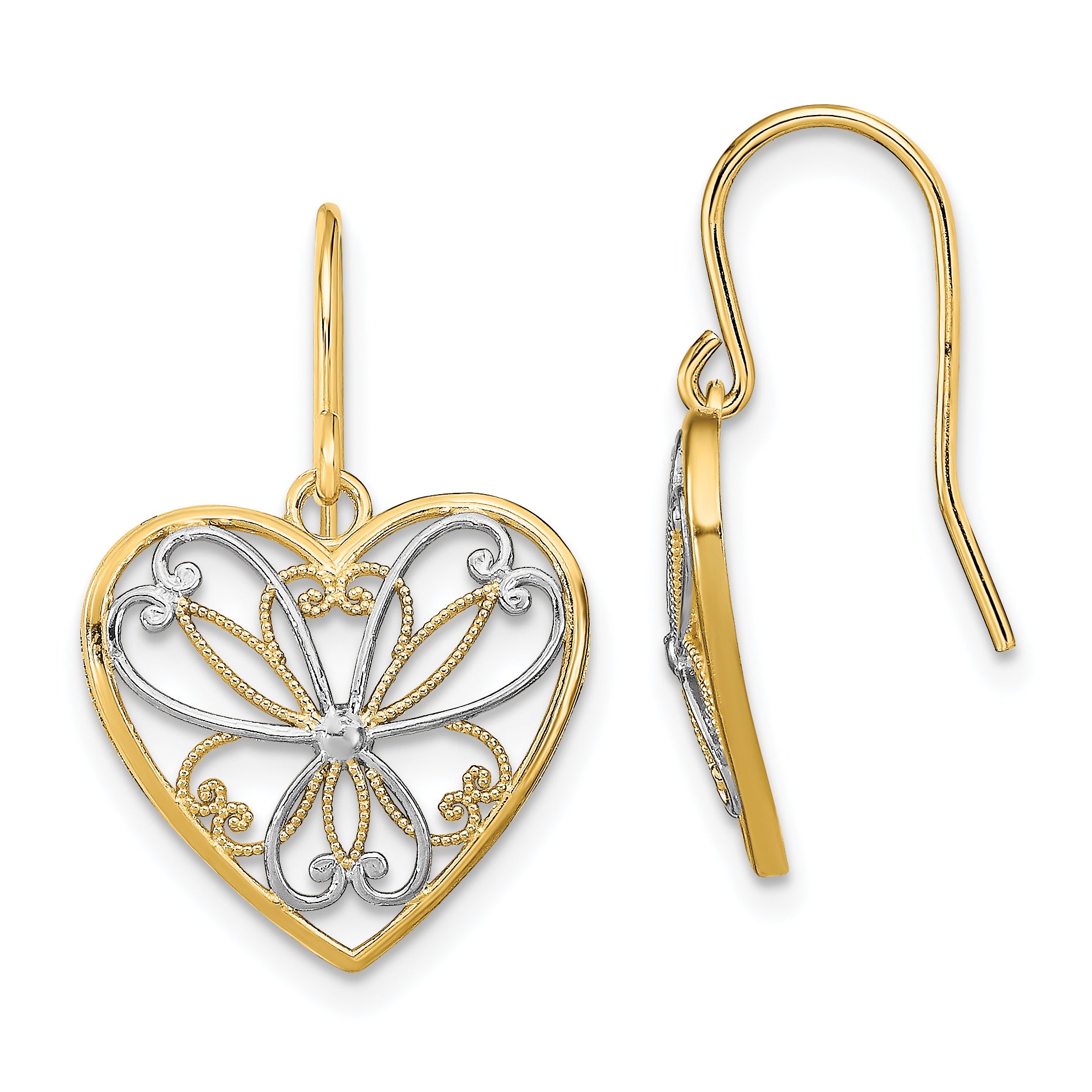 14K w/Rhodium Polished Filigree Heart Shepherd Hook Earrings