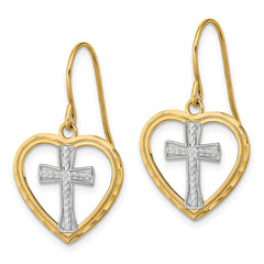 14K w/Rhodium Cross In Center Heart Earrings