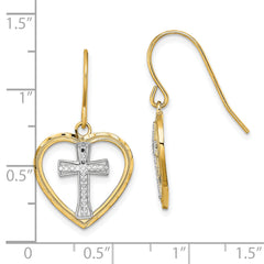 14K w/Rhodium Cross In Center Heart Earrings