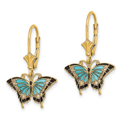 14K w/Aqua Enameled Wings Butterfly Leverback Earrings