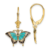 14K w/Aqua Enameled Wings Butterfly Leverback Earrings