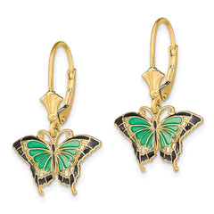 14K Butterfly w/ Green Enameled Wings Leverback Earrings