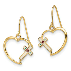 14K w/ Enamel Cross Heart Dangle Earrings