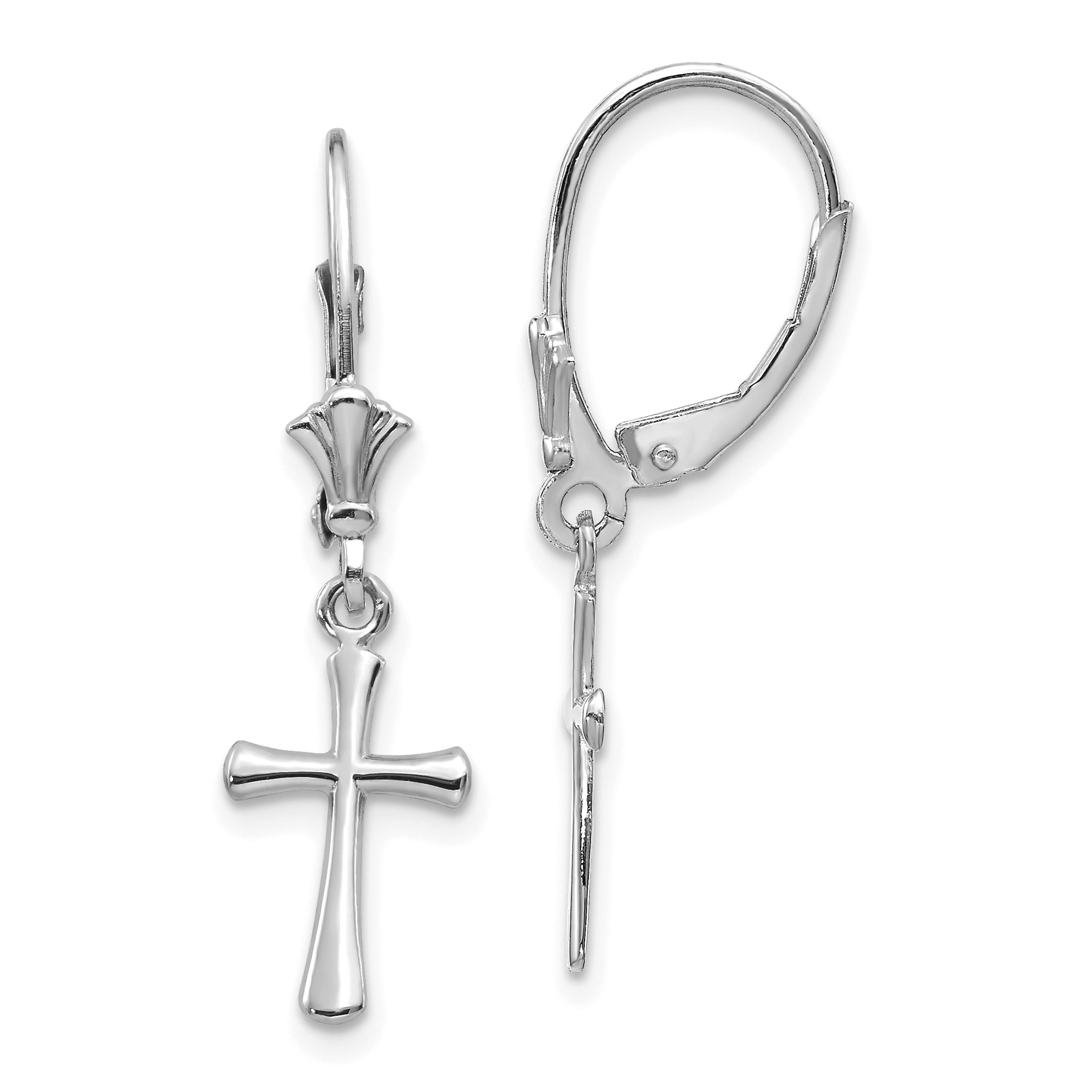 14k White Gold Polished Cross Leverback Earrings