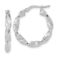 14k White Gold Polished and Textured Twisted Hoop Earrings