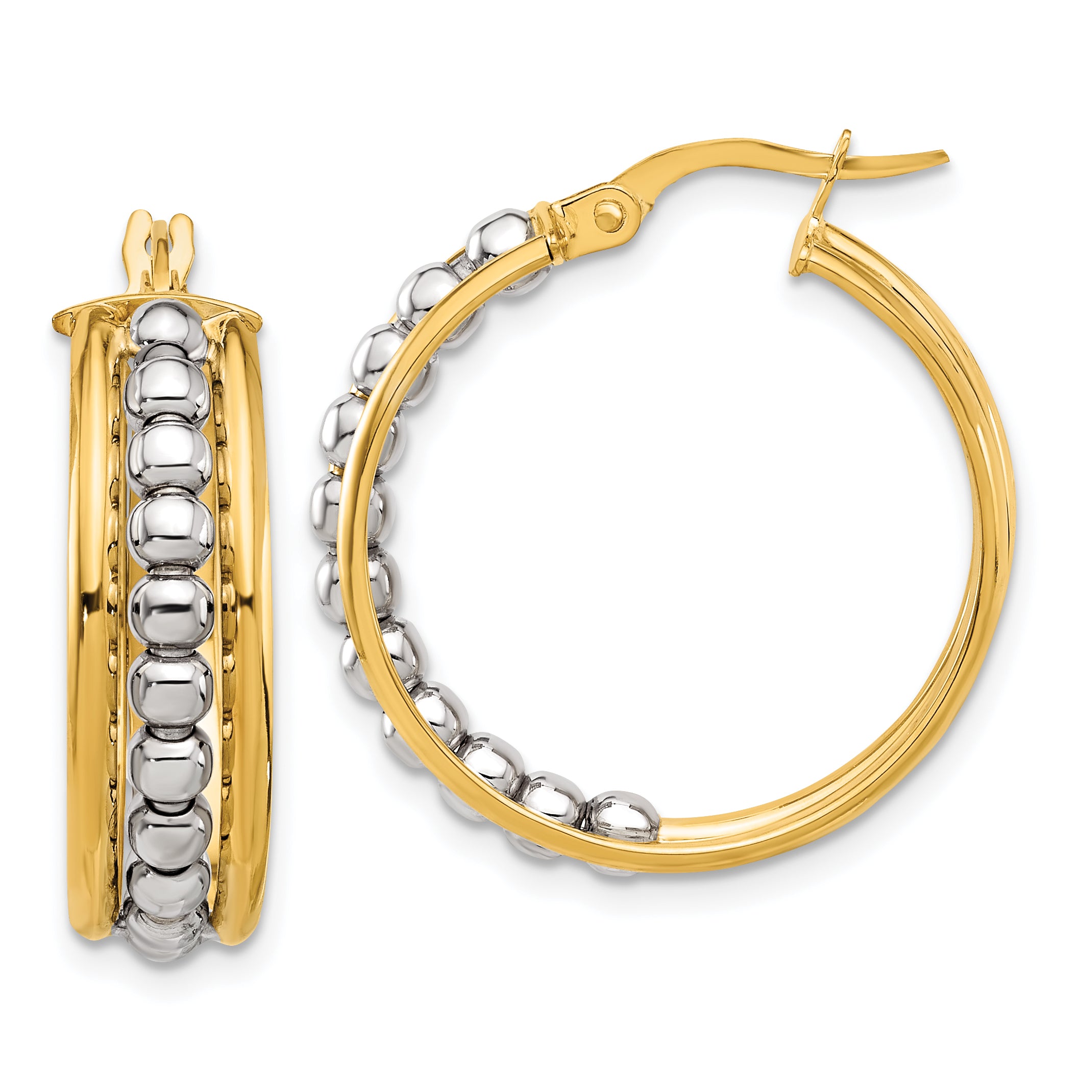 14K Two-tone Polished and Beaded Hoop Earrings