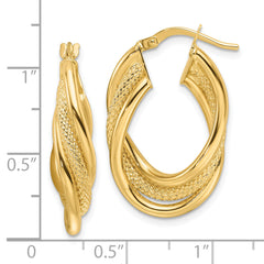 14ky Polished Textured & Intertwined Oval Hoop Earrings