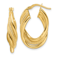 14ky Polished Textured & Intertwined Oval Hoop Earrings