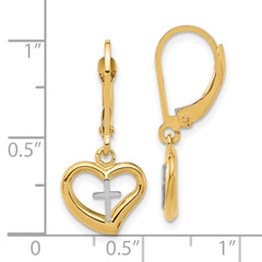 14K Two-tone Polished Cross in Heart Leverback Dangle Earrings