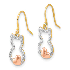 14k w/Rose and White Rhodium D/C Cat Outline Dangle Earrings