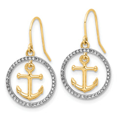 14k and White Rhodium D/C Anchor Dangle in Circle Dangle Earrings