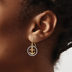 14k and White Rhodium D/C Anchor Dangle in Circle Dangle Earrings