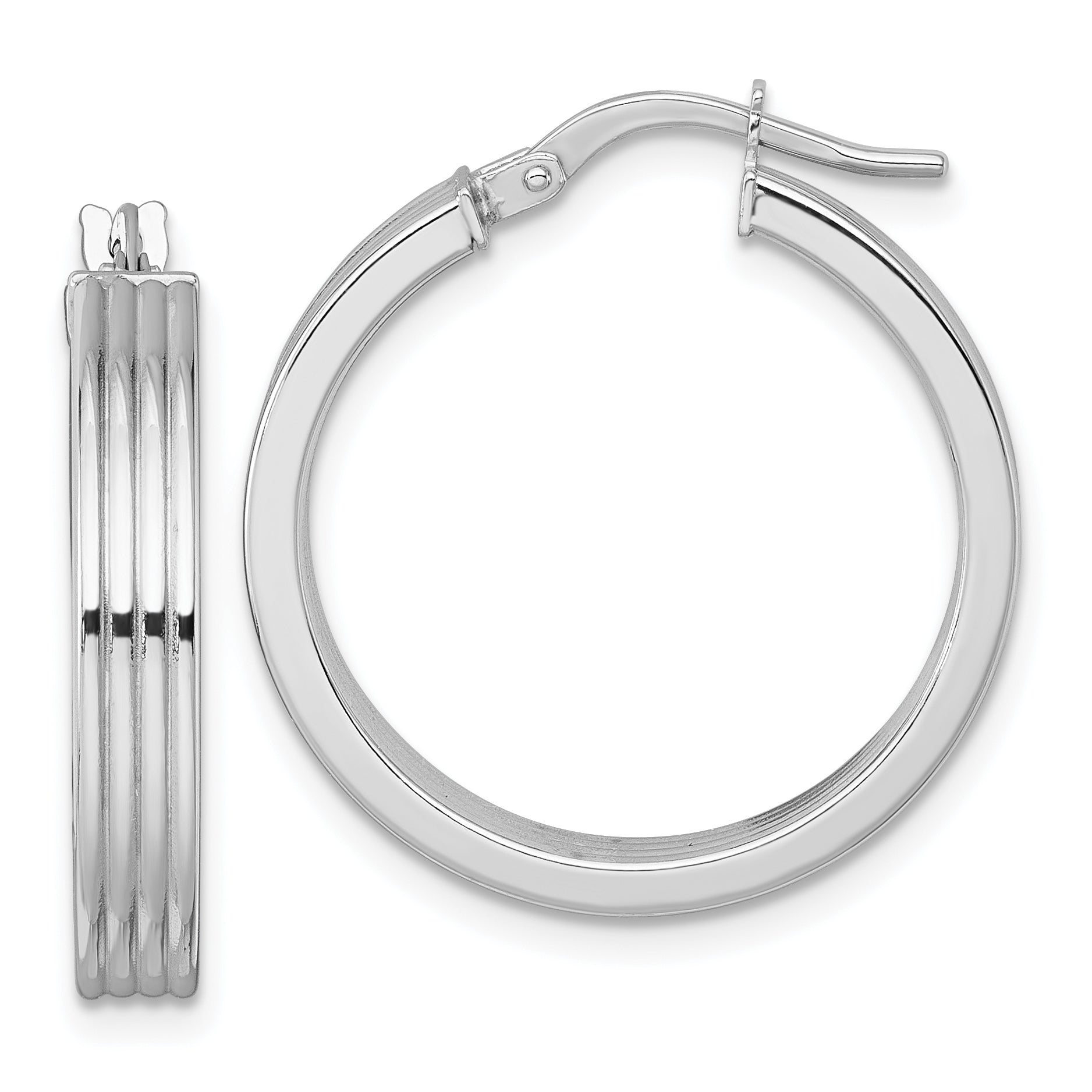 14k White Gold Polished and Grooved 4.00 x 24mm Tube Hoop Earrings