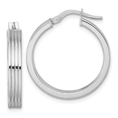 14k White Gold Polished and Grooved 4.00 x 24mm Tube Hoop Earrings